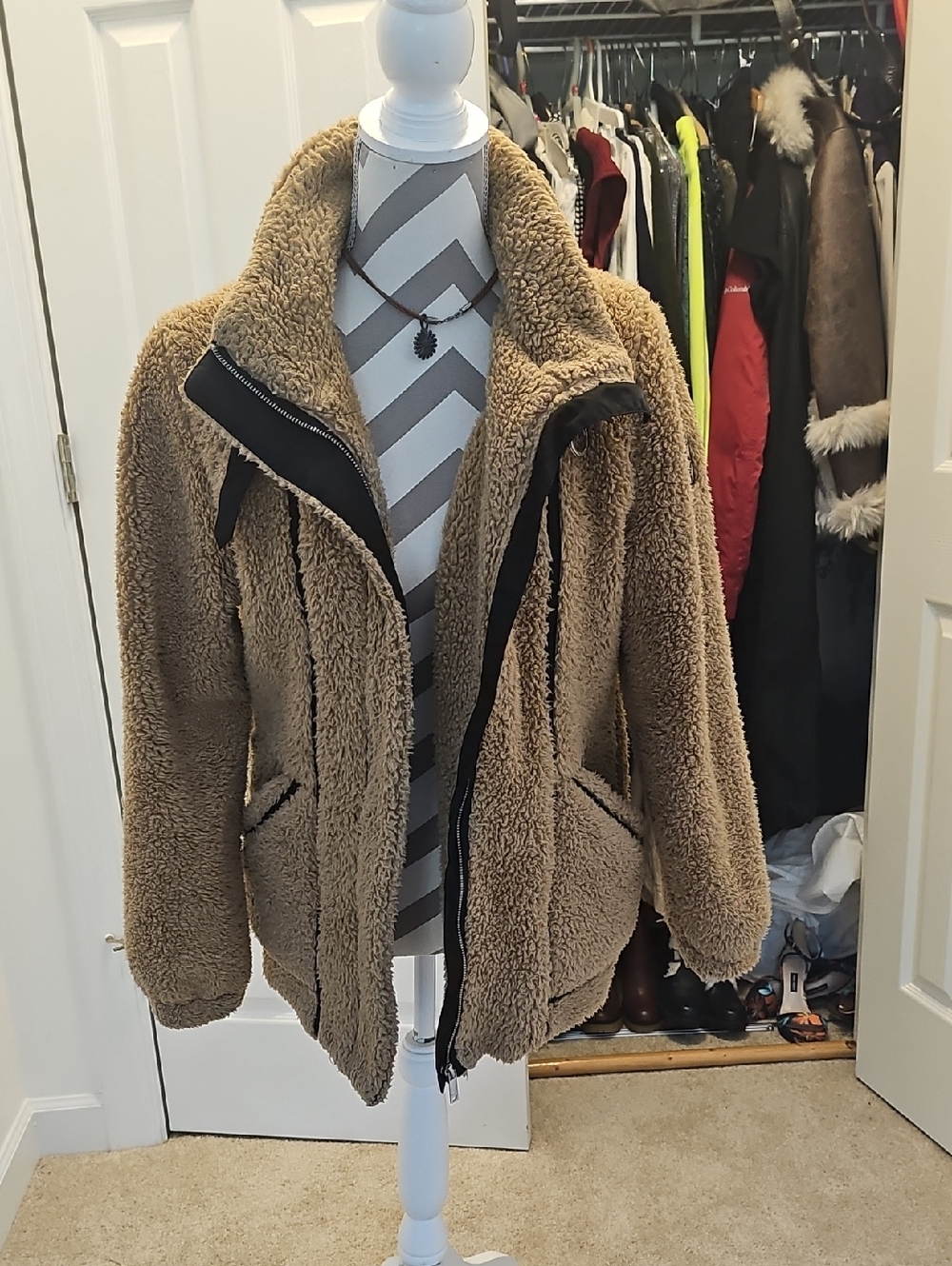 Womens Sherpa Jacket in Tan - Cozy Zip Front Coat